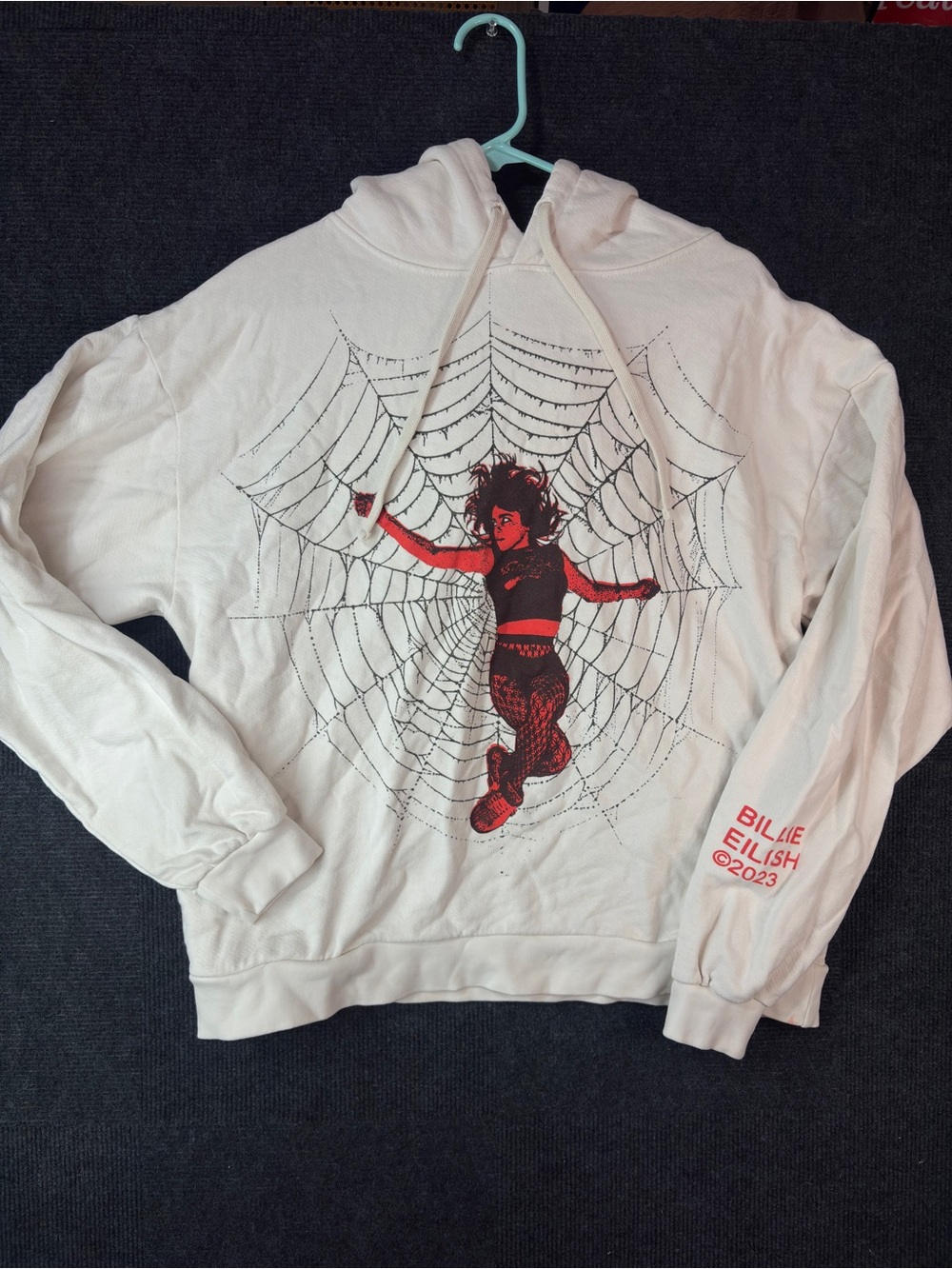 RARE Billie Eilish 2023 Spider Web Hoodie White Red & Black Graphic size Small